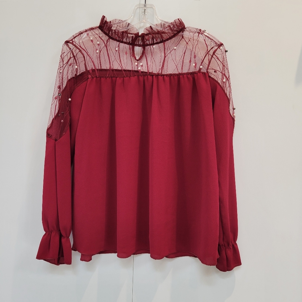 Burgundy Lace Top With Pearls
